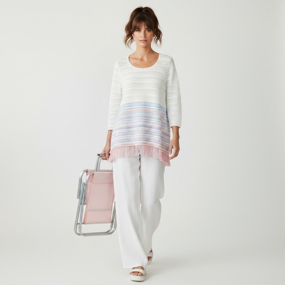 FDJ French Dressing Jeans Multi Striped Fringe‎ Sweater Large Boho Beach
